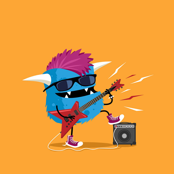 Monster playing electric guitar. Funny cartoon illustration.