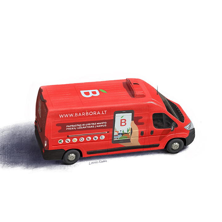 Detailed digital painting of a food delivery truck.