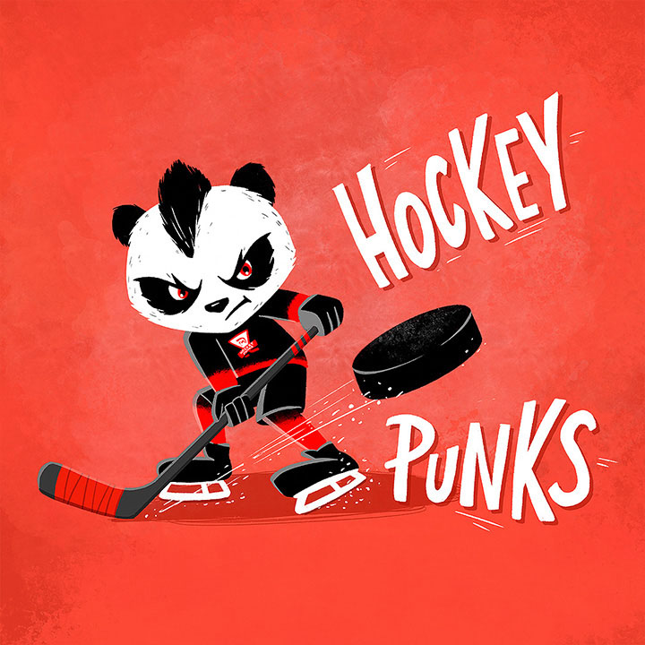 Hockey Punks mascot - panda Punk shooting a puck. Illustration for local hockey team.