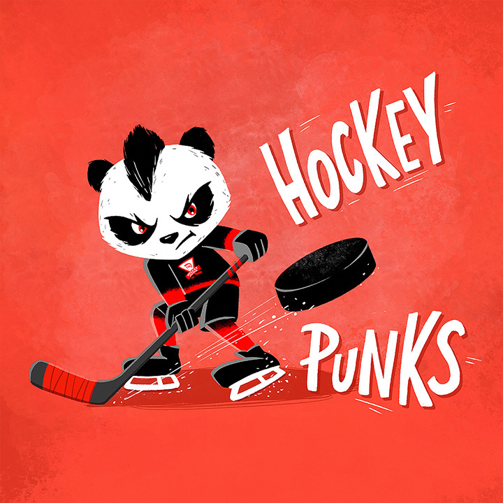 Hockey Punks mascot - panda Punk shooting a puck. Illustration for local hockey team.