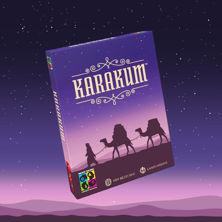 Karakum is an open-drafting card game in which players gather resources and acquire camels for their caravans, by Brain Games. Board game art.