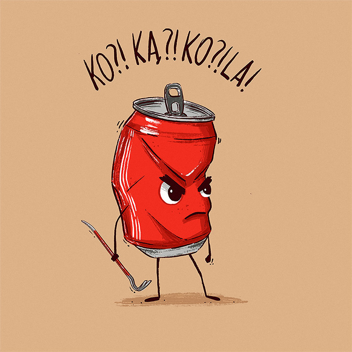 Cartoon illustration of a crumpled red can with an angry expression, holding a crowbar in their hand, standing in an aggressive posture.