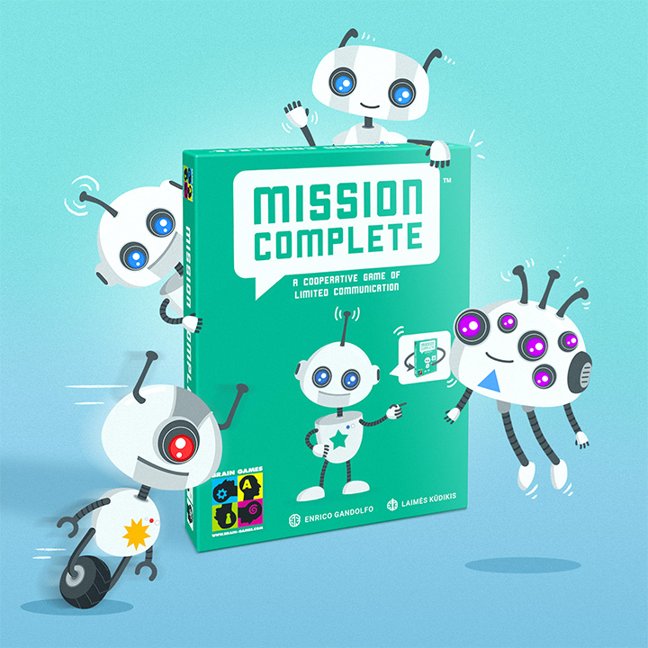 Mission Complete: cooperative card game by Brain Games. Board game art.