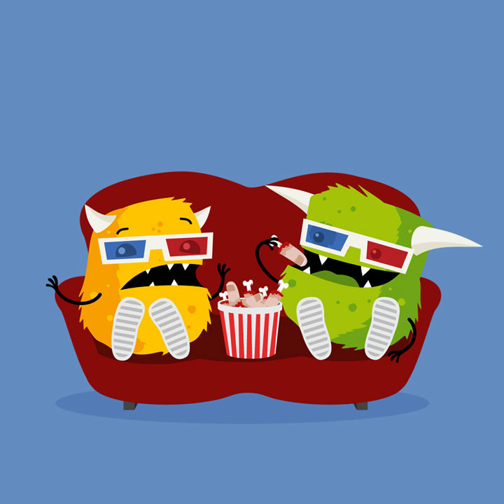 Two funny cartoon monsters watching horror movie and eating creepy snacks.