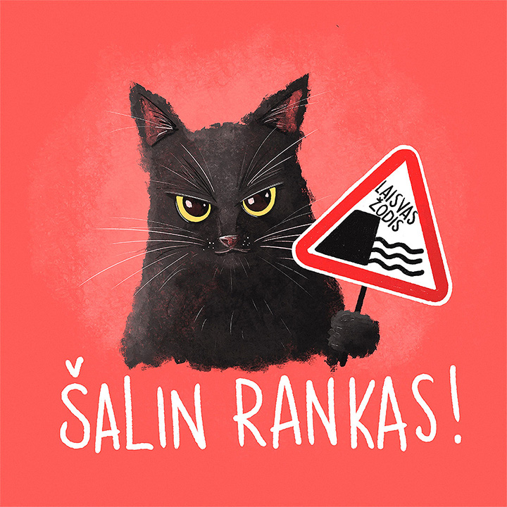 Digital painting of a black cat with mad expression, holding a Free Speech protest sign in a paw.