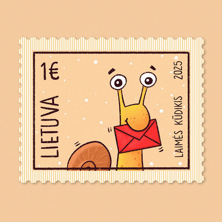 Personal postal stamp, issued by Lithuanian Post with a snail carrying an envelope in the mouth.