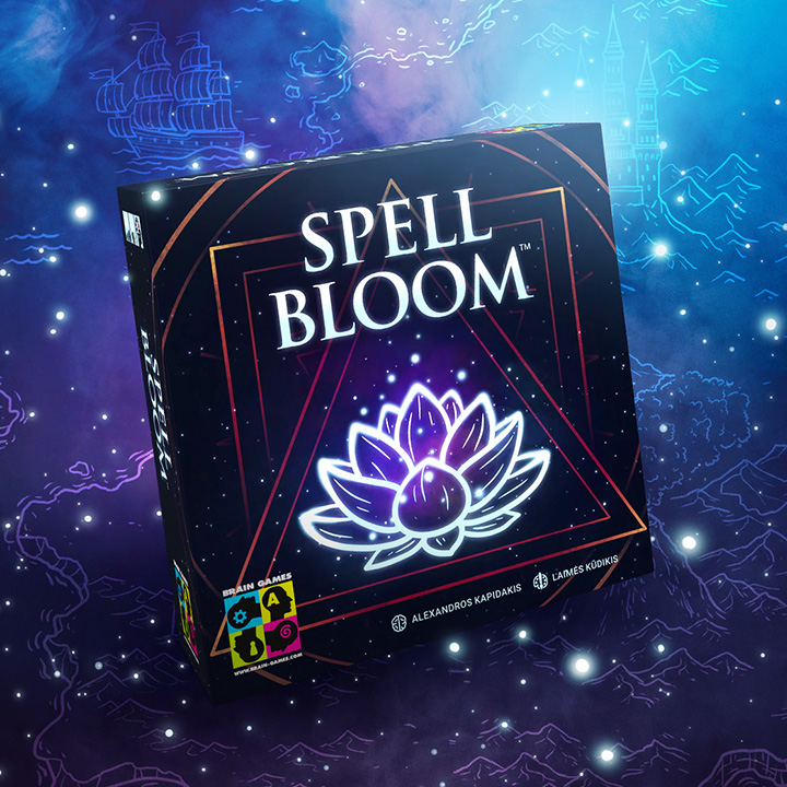 Spellbloom - tableau-building, open drafting game in which players learn new Spells to score the most Knowledge points, by Brain Games. Board game art.