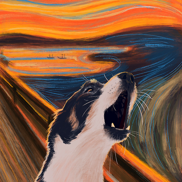 A digital painting commission: dog portrait in a style of The Scream by Edvard Munch.