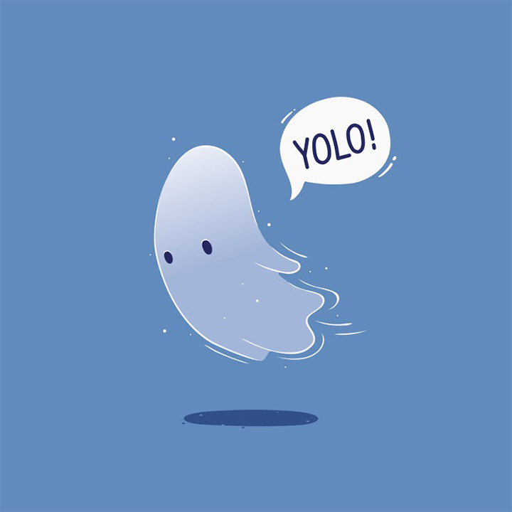 A vector drawing of a levitating ghost with a speech bubble saying YOLO! Created for monthly challenge of Inkscape.