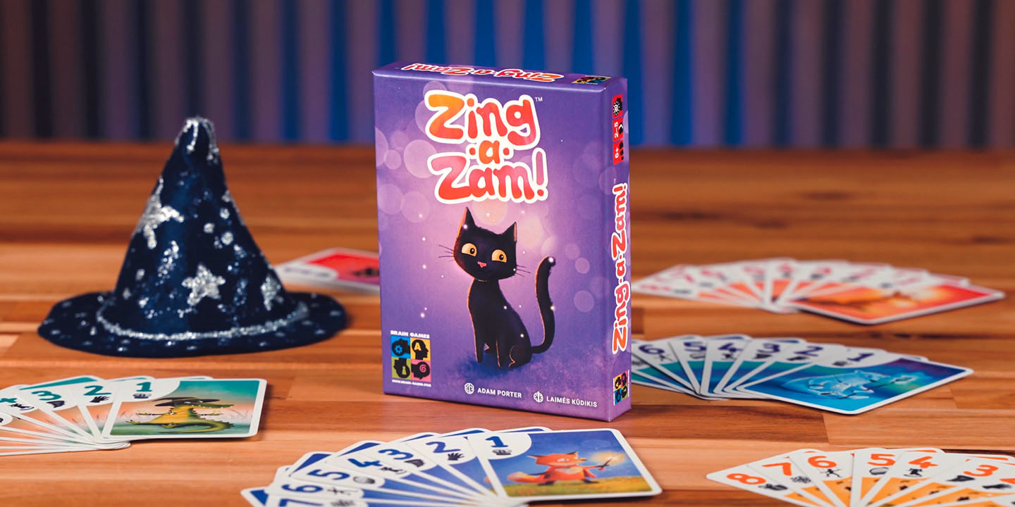 Zing-a-Zam trick taking card game for children 6 and up, by Brain Games. Board game art.