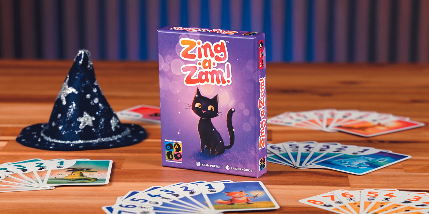 Zing-a-Zam trick taking card game for children 6 and up, by Brain Games. Board game art.